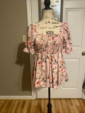 Pink Floral Smocked Peplum Tunic with Puff Sleeves